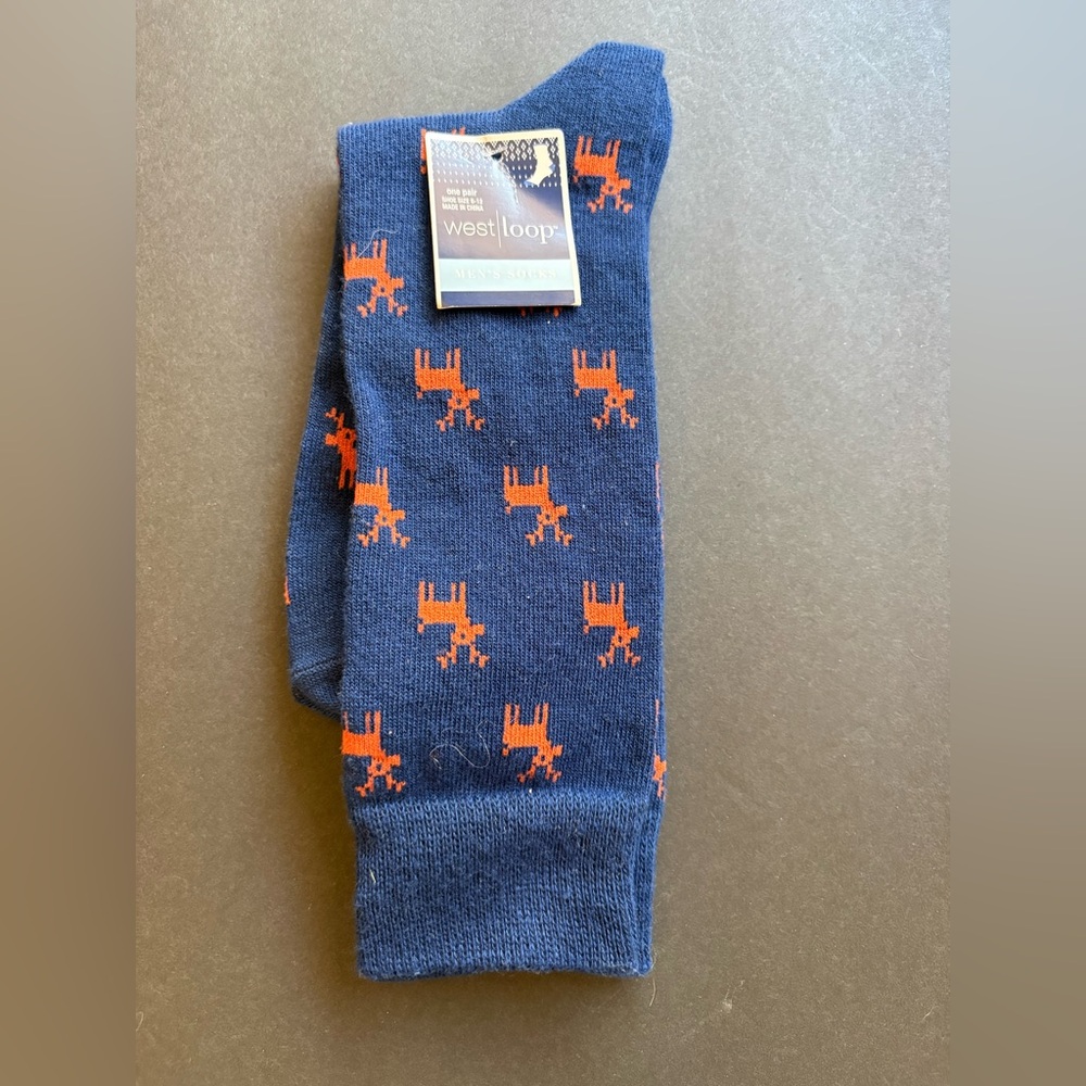 West Loop Men's Socks in Blue with Orange reindeer Design